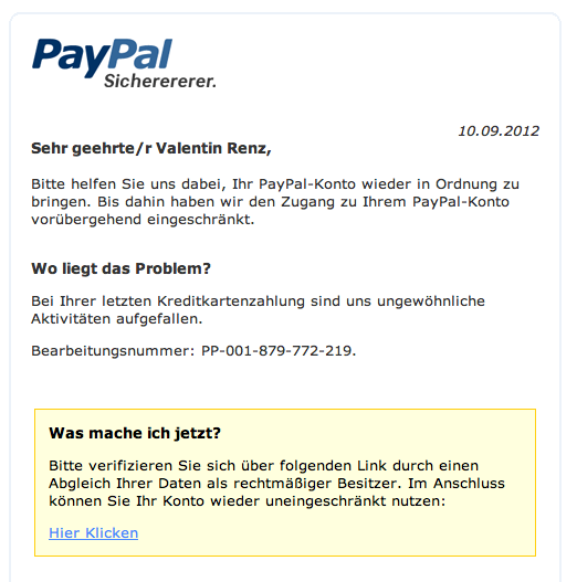 Phishing Beispiel PayPal